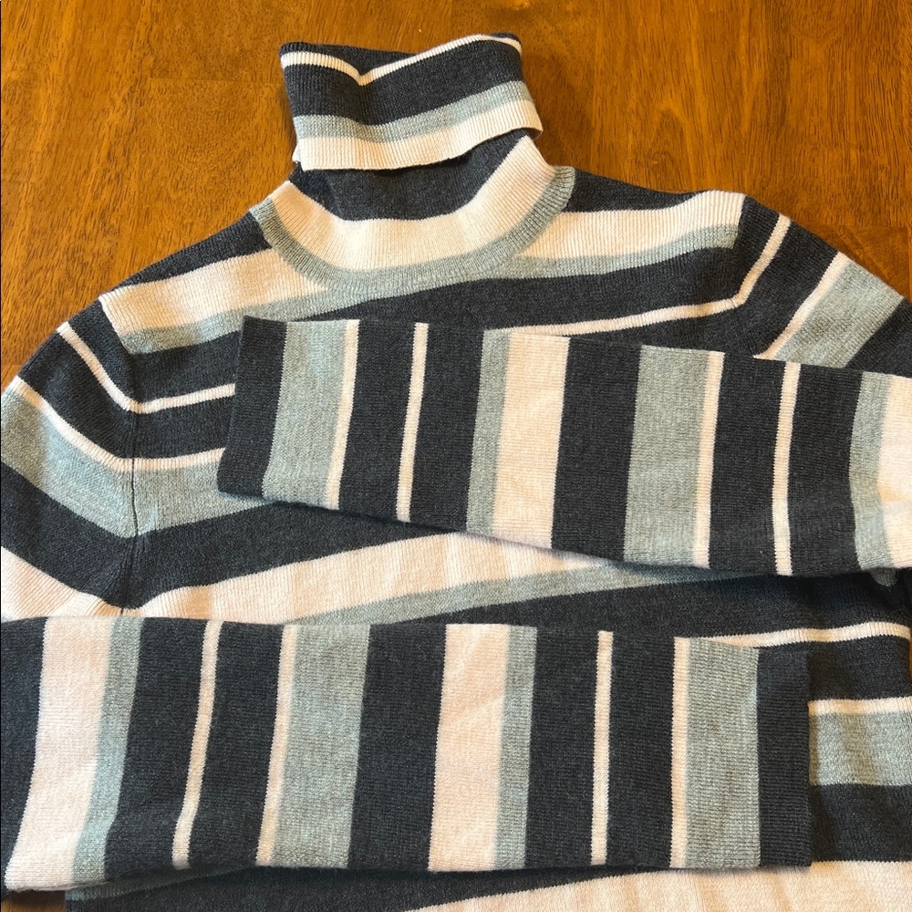 Banana Republic Gray and Pink Striped Merino Wool Turtle Neck Sweater Size M - Picture 5 of 15